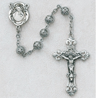 Silver Filigree 6mm Bead Rosary with Sterling Silver Crucifix and Center 808LF