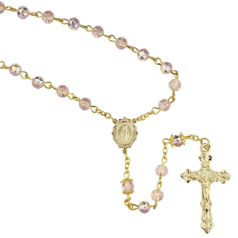 Gold Plated 6mm Pink AB Tin-Cut Crystal Rosary R1037HF