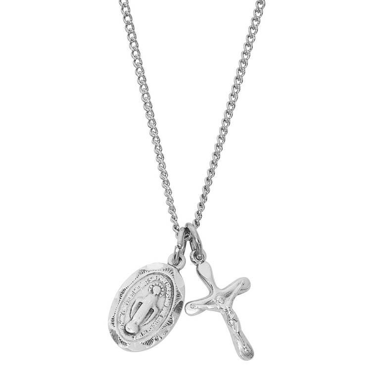 Sterling Silver Crucifix and Miraculous Medal Set on 16-18" Chain LD104