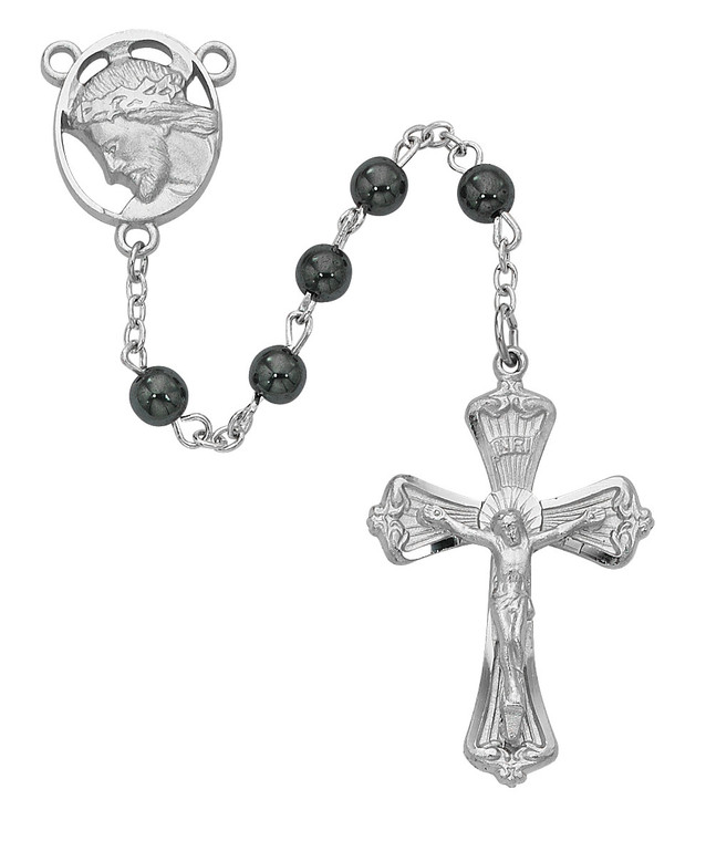 6mm Genuine Hematite Rosary with Head of Christ Center R279RF