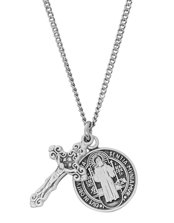 Sterling Silver St. Benedict Medal and Crucifix Pendant Set on 16-18" Chain LD101