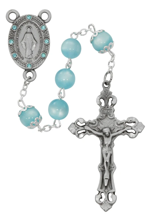 8mm Light Blue Cat's Eye Rosary with Crystal Accents R1022F