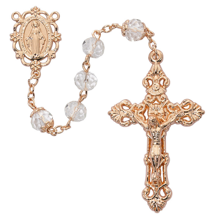 8mm Crystal Rosary with Rose Gold Tone Crucifix P384F