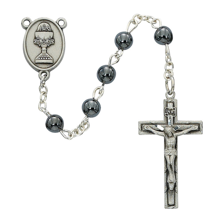6mm Genuine Hematite First Communion Rosary with Chalice Center C74DB