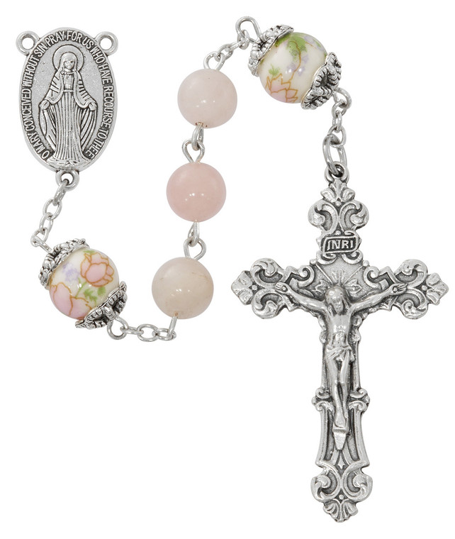 8mm Rose Quartz Rosary with Pink Flower Our Father Beads R932F