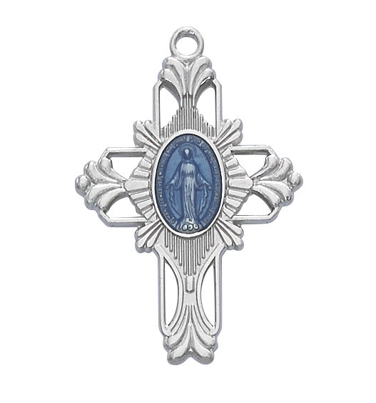 Rhodium over Pewter Blue Epoxy Miraculous Cross on 20" Chain RC678E