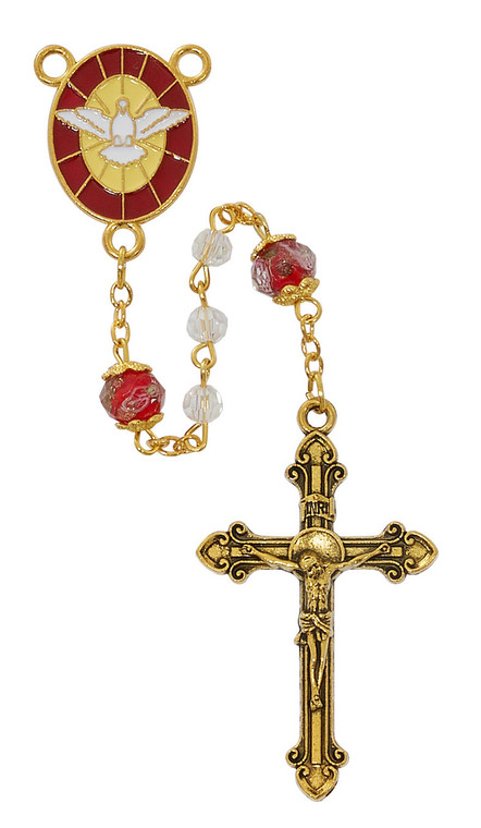 Gold Tone Crystal Confirmation Rosary with Red Our Father Beads P624F