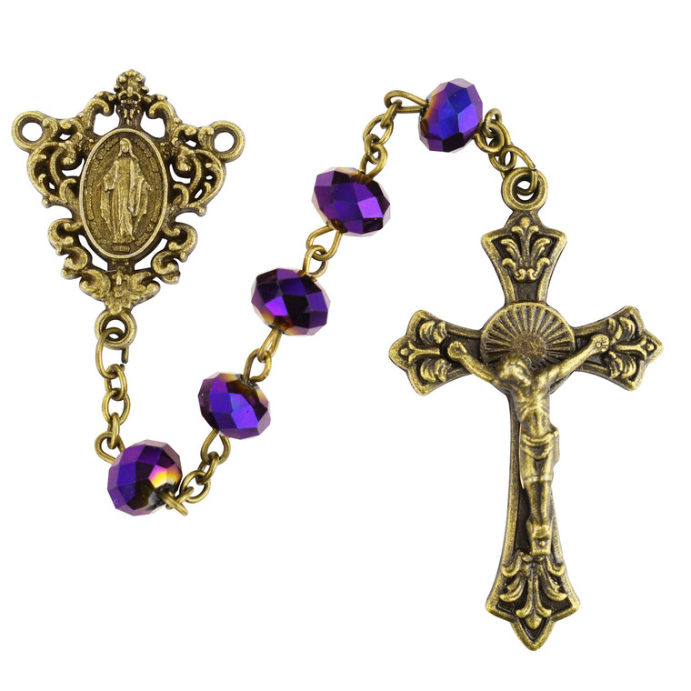 8mm Metallic Purple Rosary with Antique Gold Crucifix P524F