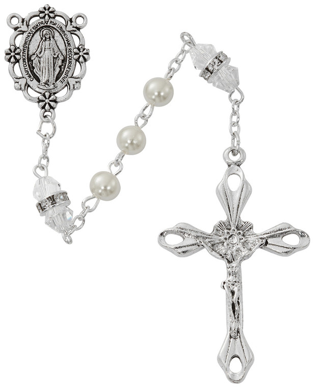 6mm Pearl Rosary with Crystal Rondelle Our Father Beads R917CRKF