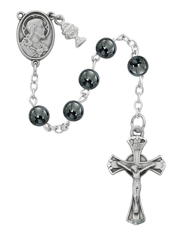 6mm Genuine Hematite First Communion Rosary with Sacred Heart Center C69RB