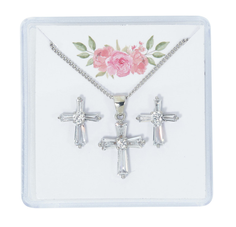 Crystal Baguette Cross Earrings and Pendant Set PES13