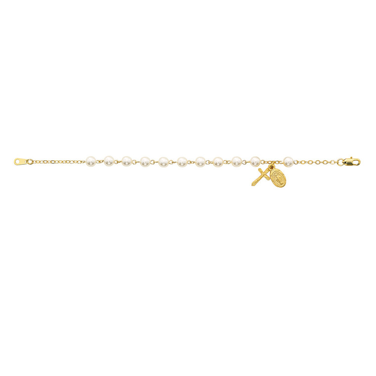 Gold Tone Pearl Rosary Bracelet with Miraculous Medal BR753