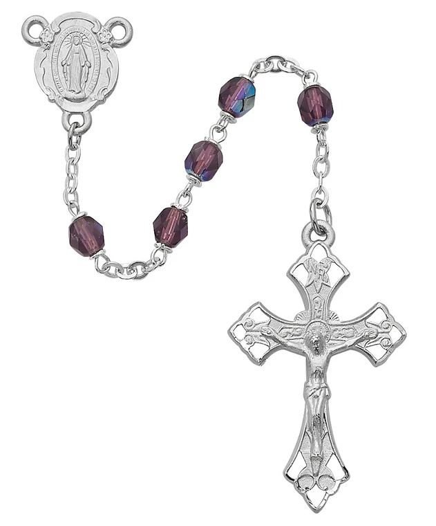 6mm Amethyst-Colored Rosary with Rhodium Crucifix R273RF
