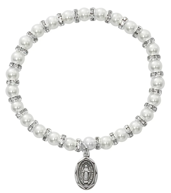 Pearl Baby Stretch Bracelet with Sterling Silver Miraculous Medal BR42