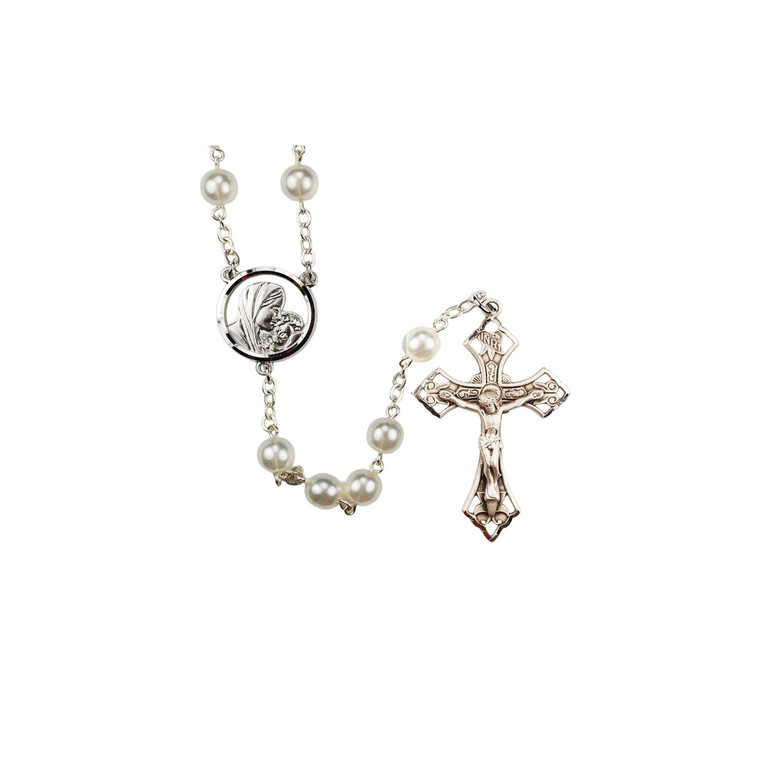 7mm White Pearl Rosary with Sterling Silver Crucifix and Center R143LF