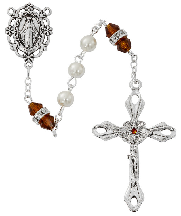 6mm Pearl Rosary with Topaz-Colored Our Father Beads R917TOKF