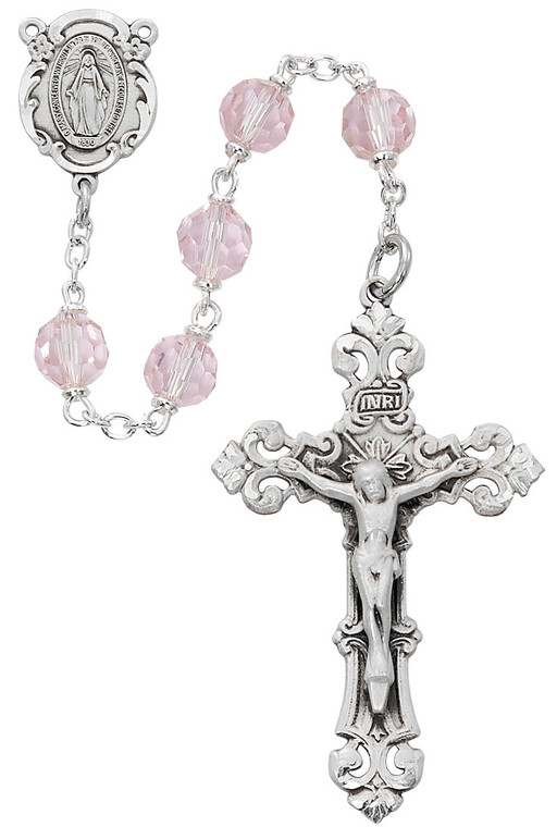 7mm Pink Tin-Cut Crystal Rosary with Sterling Silver Crucifix and Center R479LF