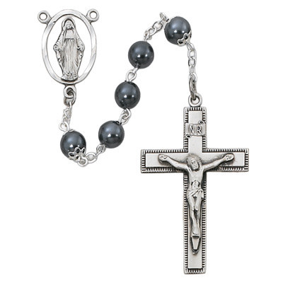 7mm Imitation Hematite Rosary with Sterling Silver Crucifix and Center 603LF
