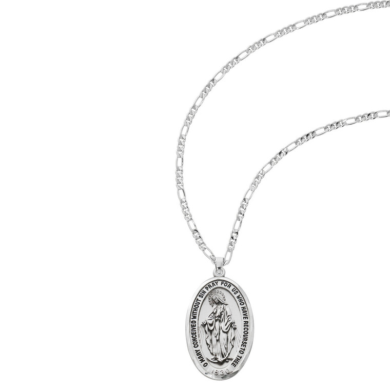 Sterling Silver Miraculous Medal on 24" Figaro Chain L816FG