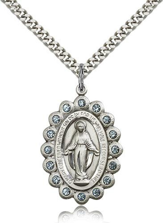 Sterling Silver Miraculous Pendant, Stainless Silver Heavy Curb Chain, 1 1/8" x 3/4"