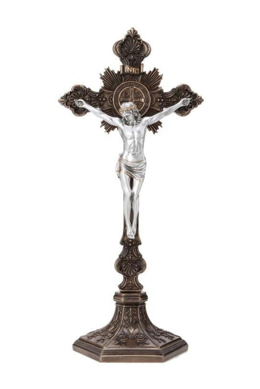 Standing St. Benedict Crucifix Cold Cast Bronze/Pewter Style 9.5" SR-77600-BS