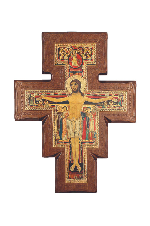 San Damiano Cross on Walnut Stained Border 1" thick, 7" tall ALPG-546
