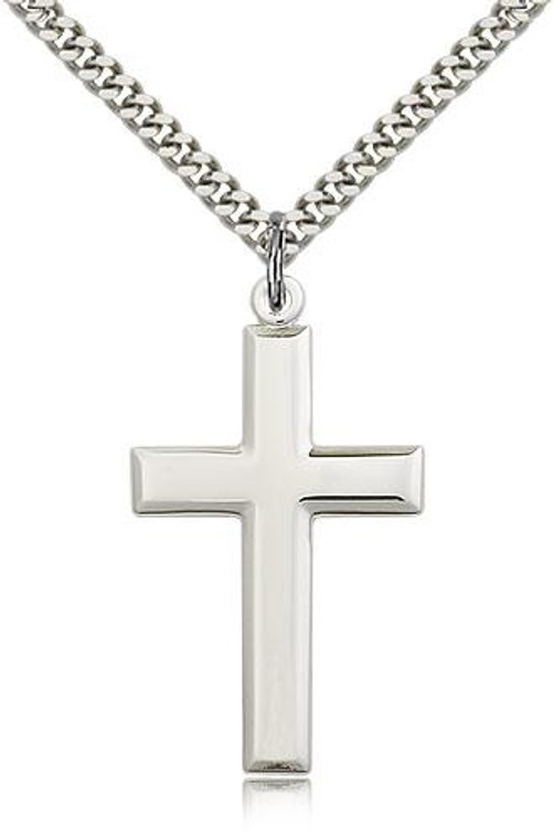 Sterling Silver Cross Pendant, Stainless Silver Heavy Curb Chain, 1 3/8" x 3/4"