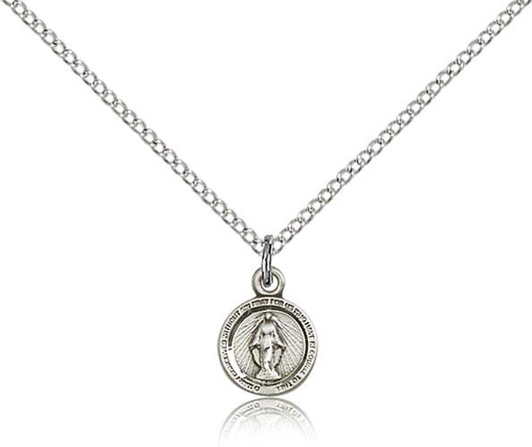 Sterling Silver Miraculous Pendant, Lite Curb Chain, 3/8" x 1/4"