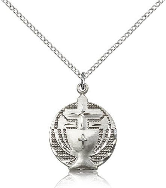 Sterling Silver Communion Pendant, Lite Curb Chain, 7/8" x 5/8"