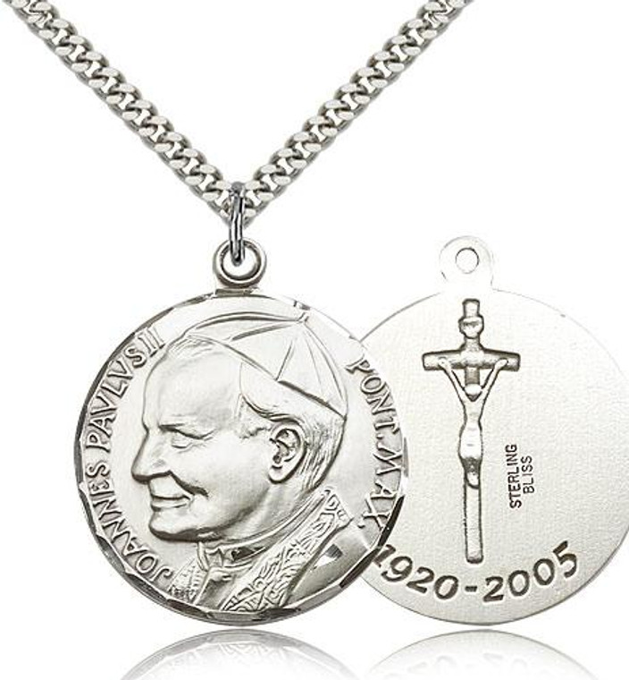 Sterling Silver Pope John Paul II Pendant, Stainless Silver Heavy Curb Chain, 1 1/4" x 1 1/8"