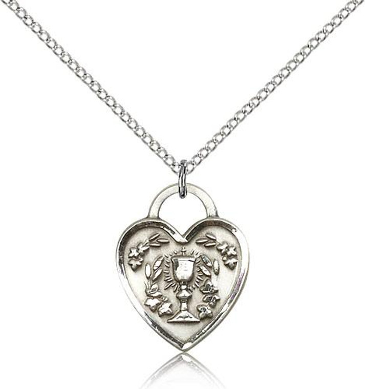 Sterling Silver Communion Heart Pendant, Lite Curb Chain, 3/4" x 5/8"