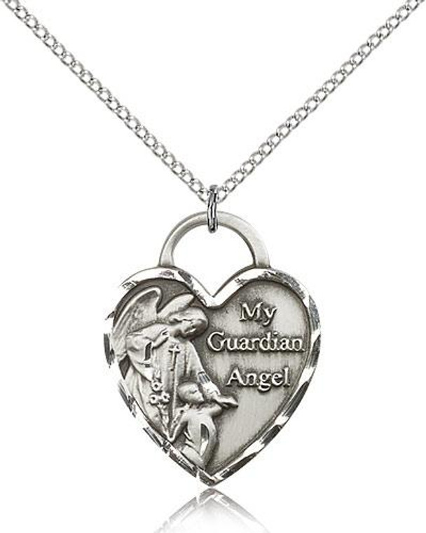 Sterling Silver Guardian Angel Heart Pendant, Lite Curb Chain, 1" x 3/4"