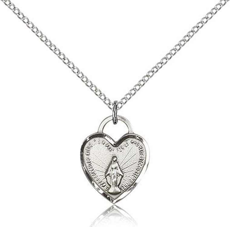Sterling Silver Miraculous Heart Pendant, Lite Curb Chain, 5/8" x 1/2"