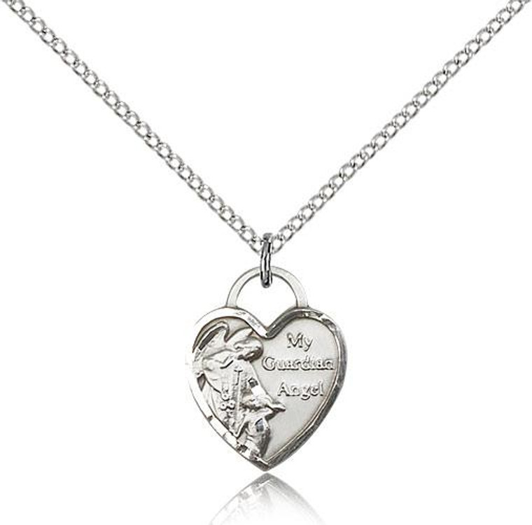 Sterling Silver Guardian Angel Heart Pendant, Lite Curb Chain, 5/8" x 1/2"