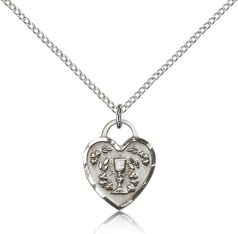 Sterling Silver Communion Heart Pendant, Lite Curb Chain, 5/8" x 1/2"