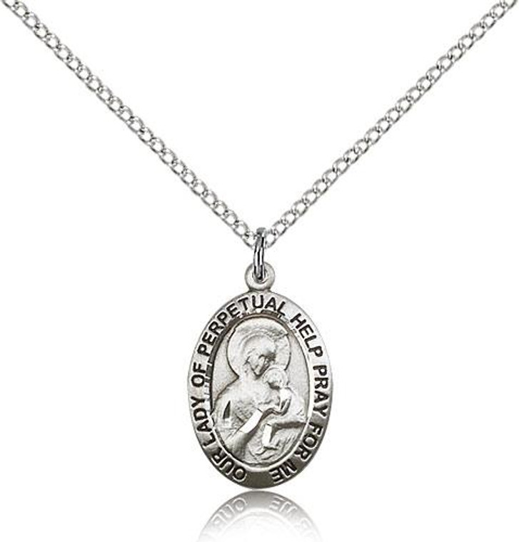 Sterling Silver Our Lady of Perpetual Help Pendant, Lite Curb Chain, 3/4" x 1/2"