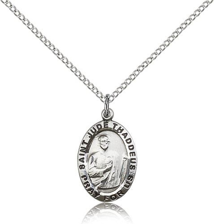 Sterling Silver St. Jude Pendant, Stainless steel Lite Curb Chain, 3/4" x 1/2"