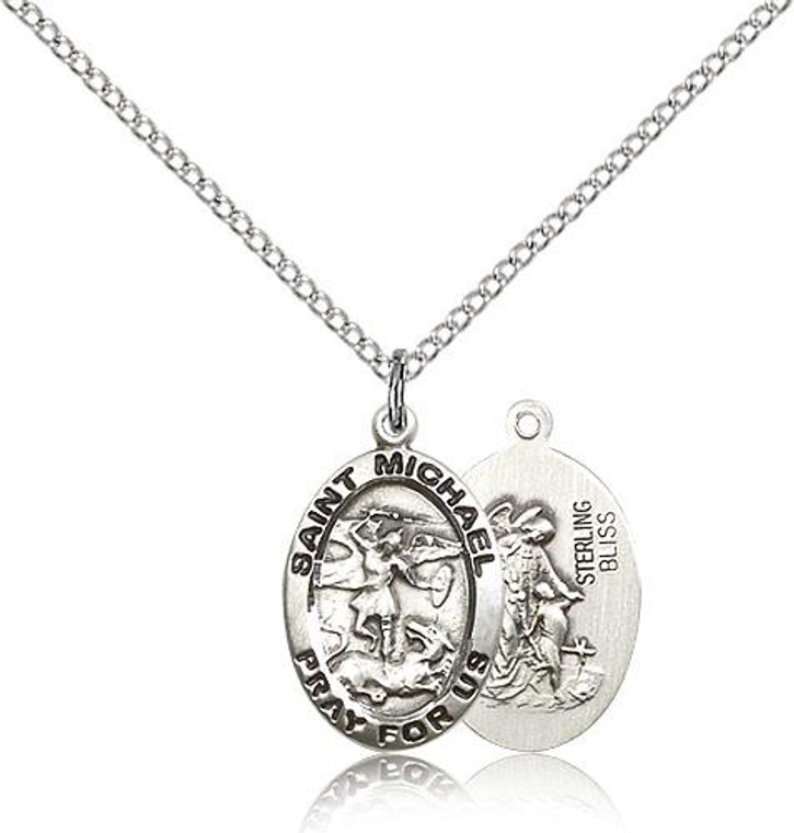 Sterling Silver St. Michael the Archangel Pendant, Stainless Steel Lite Curb Chain, 3/4" x 1/2"