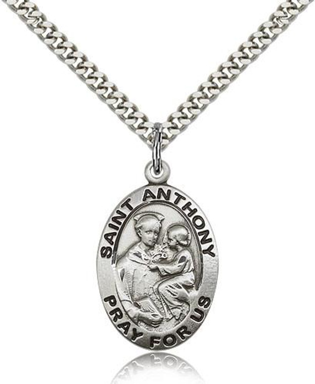 Sterling Silver St. Anthony of Padua Pendant, Stainless Silver Heavy Curb Chain, 1" x 5/8"