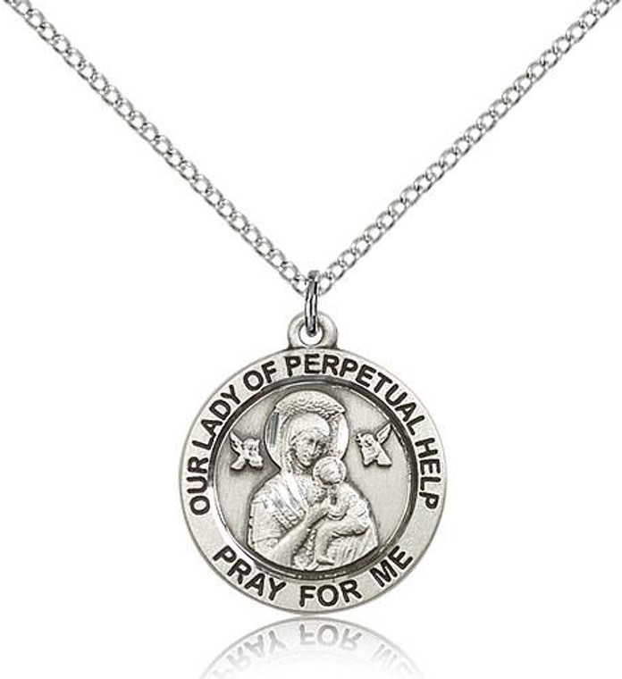 Sterling Silver Our Lady of Perpetual Help Pendant, Lite Curb Chain, 3/4" x 3/4"