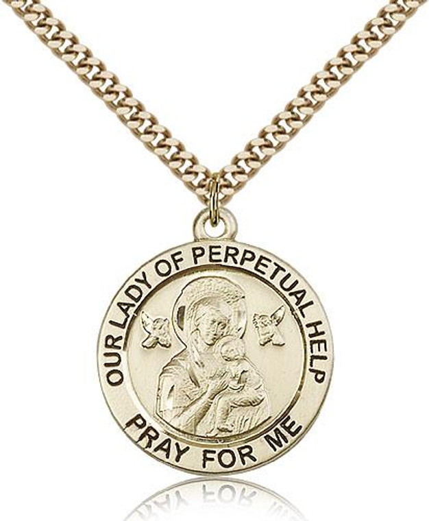 Gold Filled Our Lady of Perpetual Help Pendant, Stainless Gold Heavy Curb Chain, 1" x 7/8"