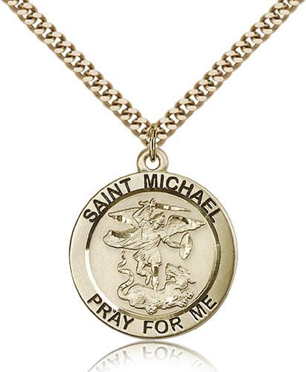 Gold Filled St. Michael the Archangel Pendant, Stainless Gold Heavy Curb Chain, 1" x 7/8"