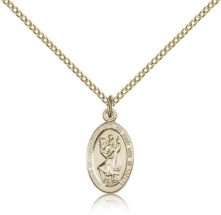 Gold Filled St. Christopher Pendant, Gold Filled Lite Curb Chain, 5/8" x 3/8"