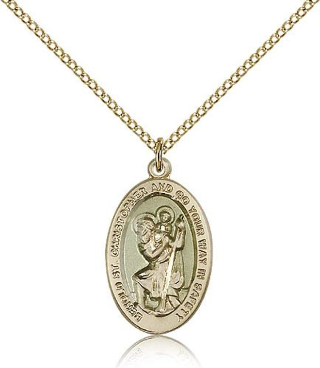 Gold Filled St. Christopher Pendant, Gold Filled Lite Curb Chain, 7/8" x 1/2"