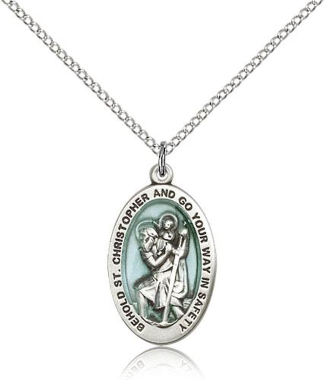 Sterling Silver St. Christopher Pendant, Lite Curb Chain, 7/8" x 1/2"