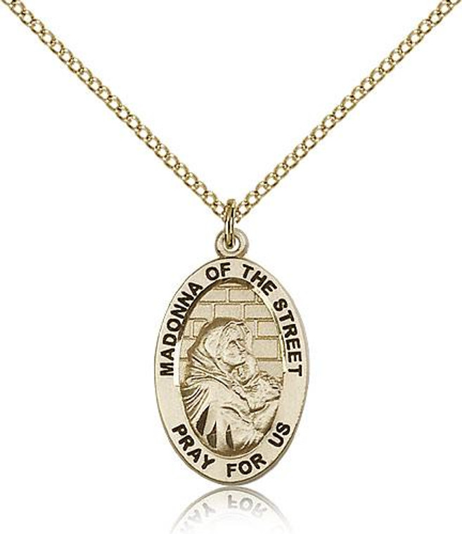 Gold Filled Madonna of the Street Pendant, Gold Filled Lite Curb Chain, 7/8" x 1/2"