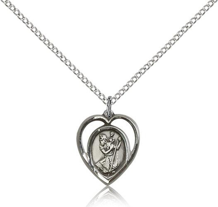 Sterling Silver St. Christopher Pendant, Lite Curb Chain, 5/8" x 1/2"