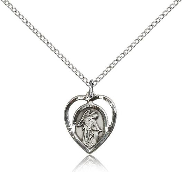 Sterling Silver Guardian Angel Pendant, Lite Curb Chain, 5/8" x 1/2"