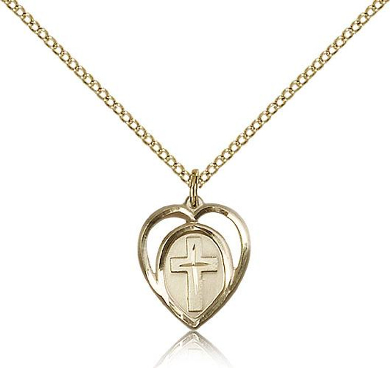 Gold Filled Heart / Cross Pendant, Gold Filled Lite Curb Chain, 5/8" x 1/2"