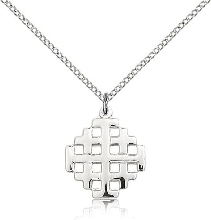 Sterling Silver Jerusalem Cross Pendant, Lite Curb Chain, 3/4" x 5/8"